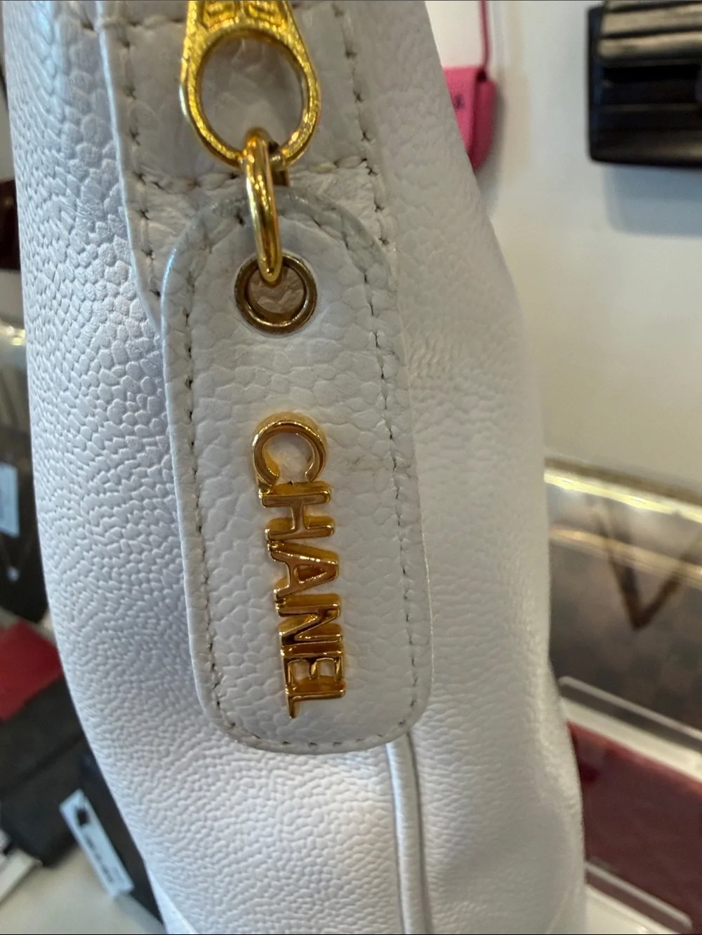 CHANEL Cream Leather Shoulder Bag with Gold Chain Accents